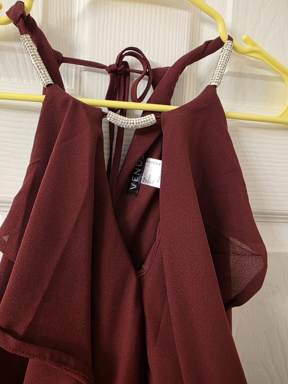 VENUS Burgundy Halter Dress with Rhinestone Accents